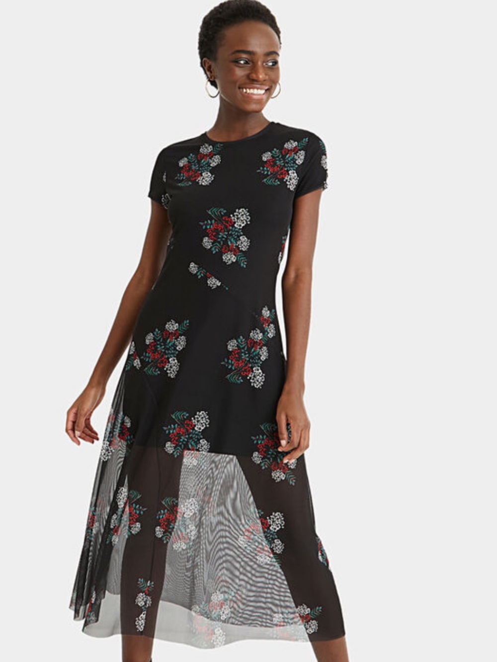 Desigual Black Maxi Dress with Red & White Floral Print